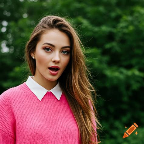 Young woman in a pink sweater and white collar looks surprised against ...