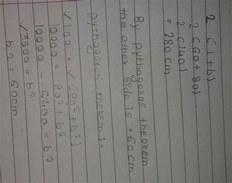 length of a picture frame is 80cm and it's diagonal is 100cm find its ...