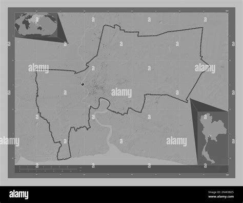 Bangkok Metropolis, province of Thailand. Grayscale elevation map with lakes and rivers ...
