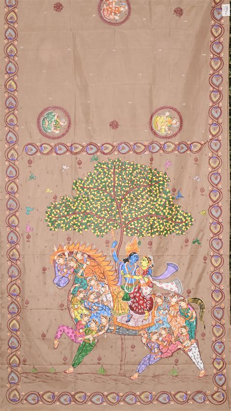 Beige Cream Kandarpa Ashwa Hand-Painted Pattachitra Saree – IndianVillèz