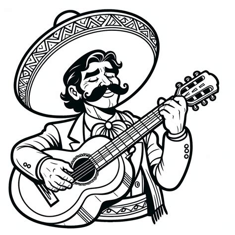 Mexican Man with Sombrero Playing Guitar 🇲🇽🎸🎶 Coloring Page