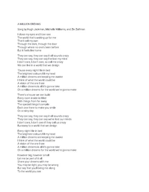 A Million Dreams Lyrics - A MILLION DREAMS Song by Hugh Jackman, Michelle Williams, and Ziv ...