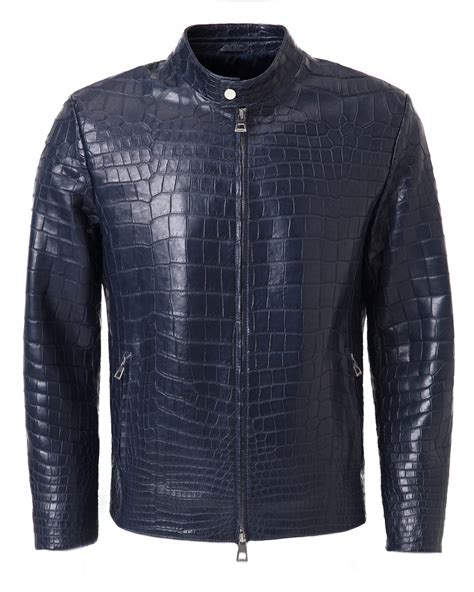 Navy Blue Real Crocodile Leather Jacket - Leather Guys
