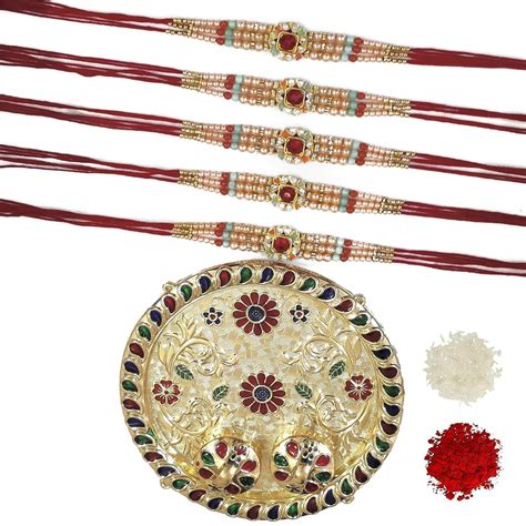 Avanti Creations Rakhi Combo Set of 5 Pearl Rakhi with Kumkum Roli ...