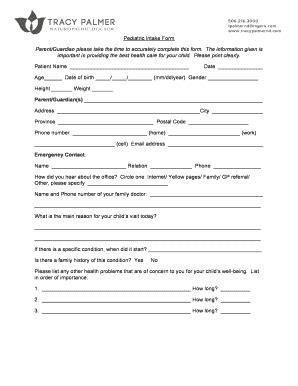Fillable Online Pediatric Intake Form Parent/Guardian please take the ...