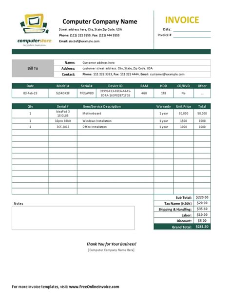 Computer Service Invoice Template 的图像结果