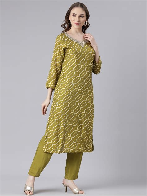 Neerus Green Silk Straight Casual Chevron Kurta and Trouser with Dupat ...
