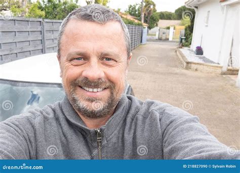 Middle Aged Man Handsome Make Selfie in Home Alley Garden Guy Happy ...
