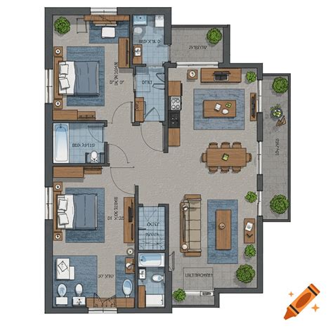 Apartment floor plan with three bedrooms, two bathrooms, and balcony on ...