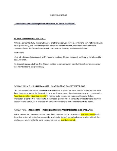 Quantum Meruit - QUANTUM MERUIT " An equitable remedy that provides restitution for unjust - Studocu