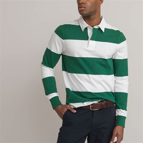 Striped cotton polo shirt with long sleeves, green/white, La Redoute ...
