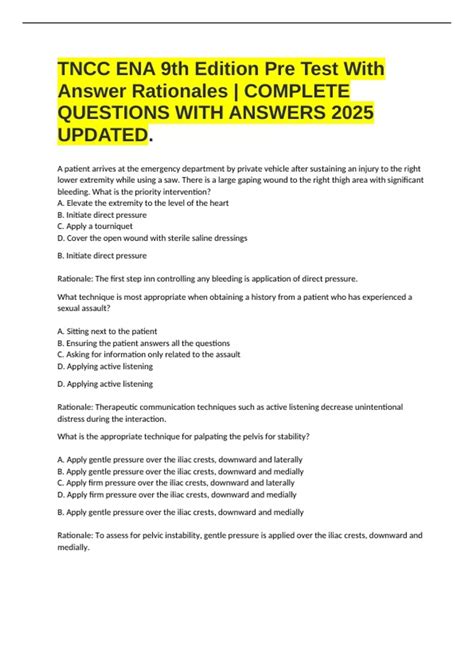TNCC ENA 9th Edition Pre Test With Answer Rationales | COMPLETE ...