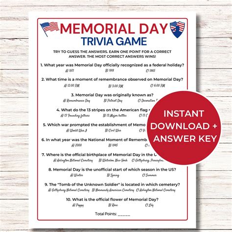 Memorial Day Trivia Game, Printable Memorial Day Game for Kids and ...