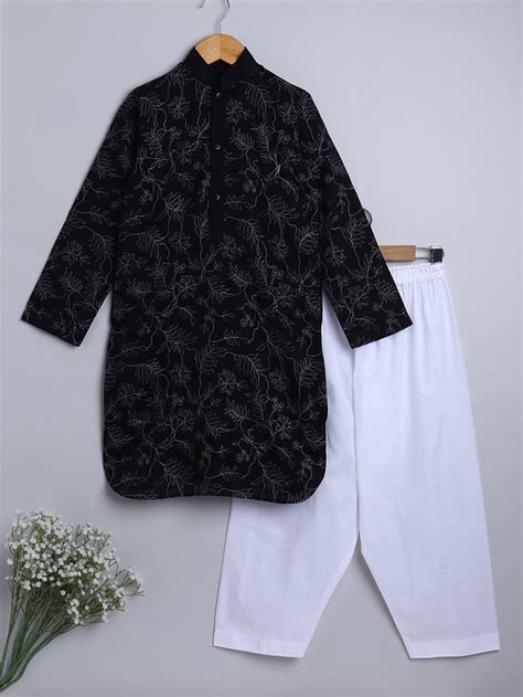 Pure Linen Kurta Set - white single thread embroidery - Black – Little ...