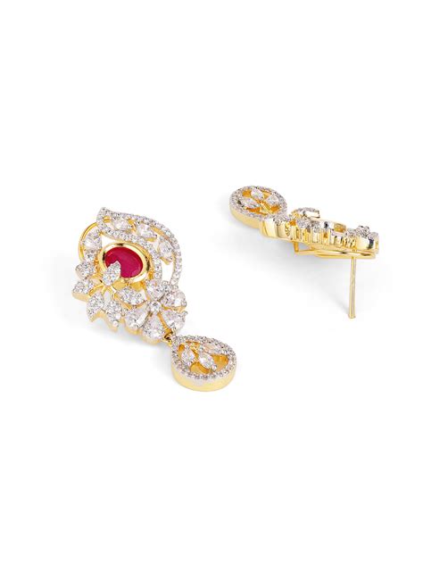 Red Stoned American Diamond Floral Pendant Gold Plated Drop Earrings J ...