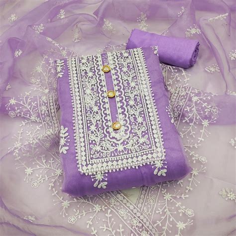 Lavender Floral Embroidered Organza Dress Material