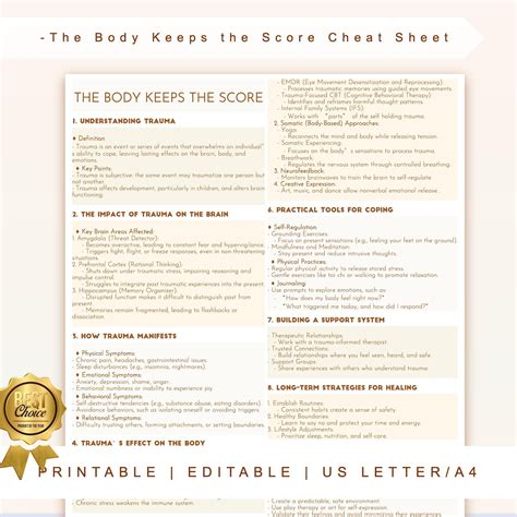The Body Keeps the Score Cheat Sheet, Trauma Recovery Cheat Sheet, the Body Keeps the Score Key ...