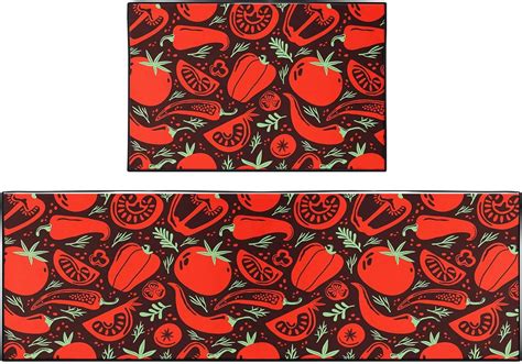 Red Kitchen Mat Vegetable Herbs Kitchen Rugs Sets of 2, Non-Slip Farm ...