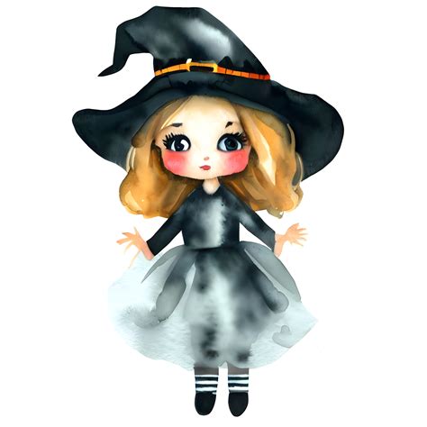 Watercolor and painting halloween witch girl doll with black hat ...
