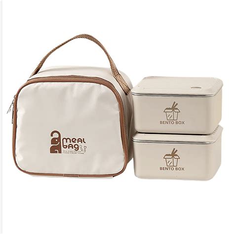 Cream 2pcs Bento Stainless Steel Lunch Box Container set with Lunch Bag ...