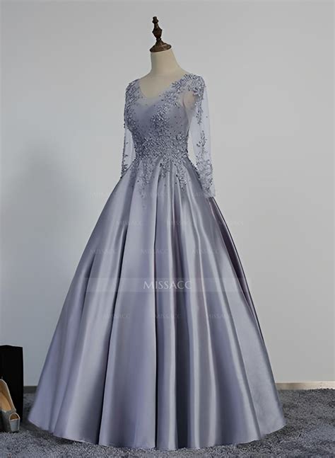 Ball-Gown V-Neck Satin Lace Floor-Length Evening Dresses With Appliques ...