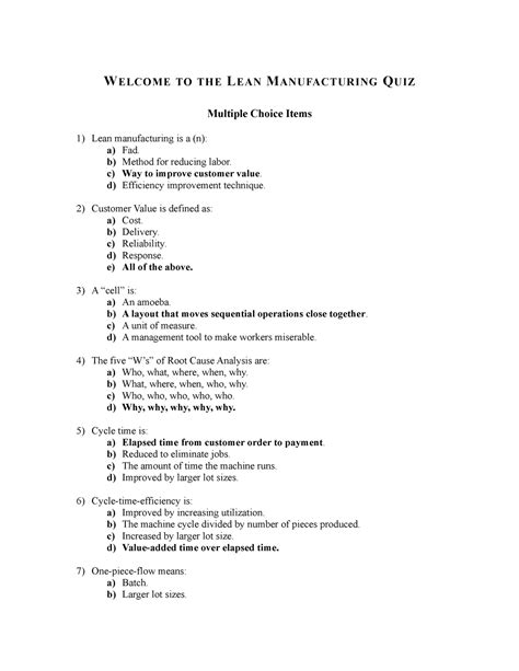 45914195 Lean Manufacturing Quiz - WELCOME TO THE LEAN MANUFACTURING ...