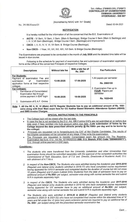 Press Note: Osmania University B.E. Exam Notification for Backlogs ...