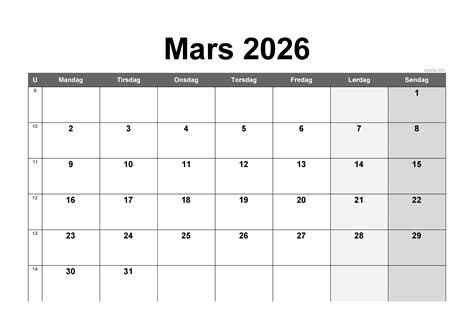 Mars 2026 Kalender | Gratis utskrivbar PDF, XLS og PNG