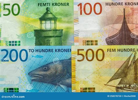 Norwegian Money, 50,100,200 and 500 Kronor Banknotes, Close-up, Top View, Financial Background ...