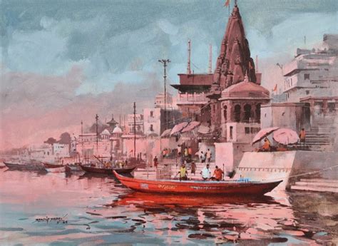 "Varanasi 1": Red-Violet Religious painting by Sandeep Yadav | ArtZolo.com