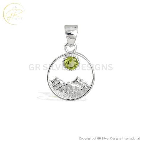 Peridot Birthstone Mountain Scene Silver Pendant Necklace For Men & Women
