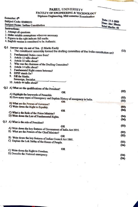 Indian Constitution question paper 6th semester - PARUL UNIVERSITY ...