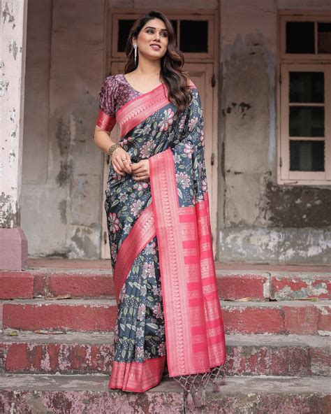 Floral Navy Banarasi Silk Saree with Bright Pink Zari Border and Tasse ...