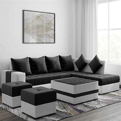 Steffan L Shape 8 Seater Fabric Sofa Set with Centre Table and 2 Puffy ...