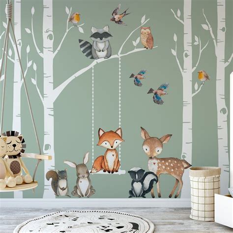 Woodland Nursery Wall Decor 6 Birch TREES Fox & Friends Wall Decal ...