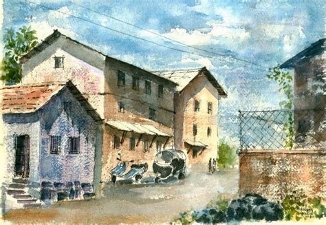 "Solapur House": Steel Grey Watercolor Painting by Ramessh Barpande ...