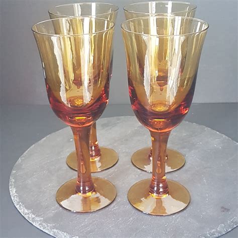 Amber Wine Glasses, Blown Glass, Vintage Wine Glass Set of 4, Wine Goblets