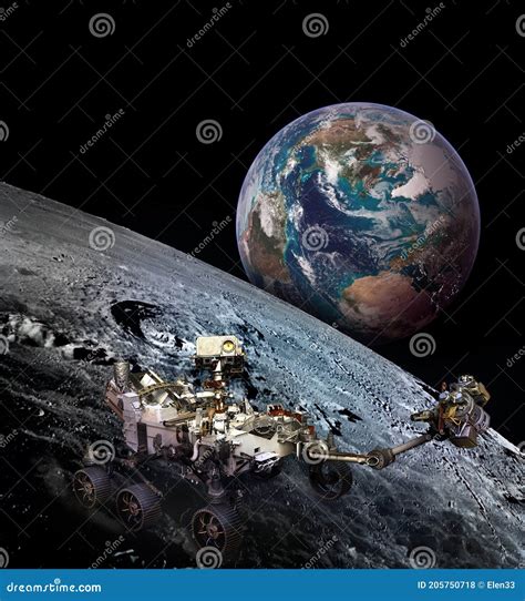 Moon Rover on Moon Surface and Planet Earth Rising. Stock Illustration ...