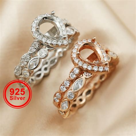 Buy 6x8mm Halo Pear Prong Ring Settings Art Deco Cathedral Solid 925 ...