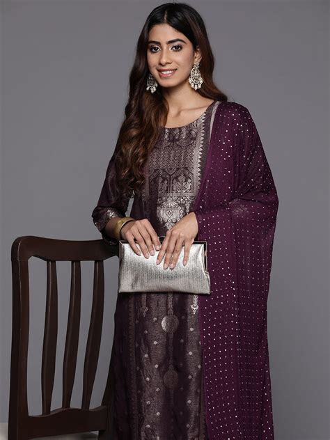 Varanga Women Purple Jacquard Weave Kurta With Bottom And Dupatta