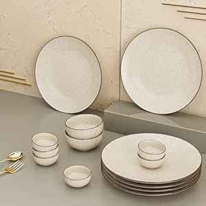 The Earth Store Creme Matte Set of 14 Piece Ceramic Dinner Set, 6 Full ...