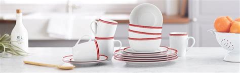 Buy AmazonBasics Porcelain 16-Piece Cafe Stripe Dinnerware Set - Red ...