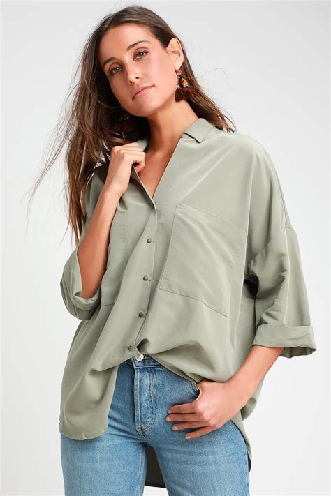 Revelry Light Olive Green Oversized Button-Up Top | Green shirt outfits ...
