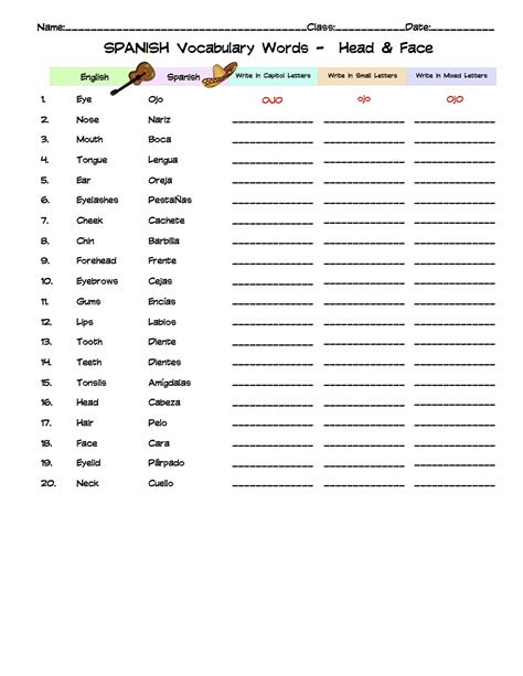 Spanish Head & Face Vocabulary Word List Column Worksheet | Made By ...