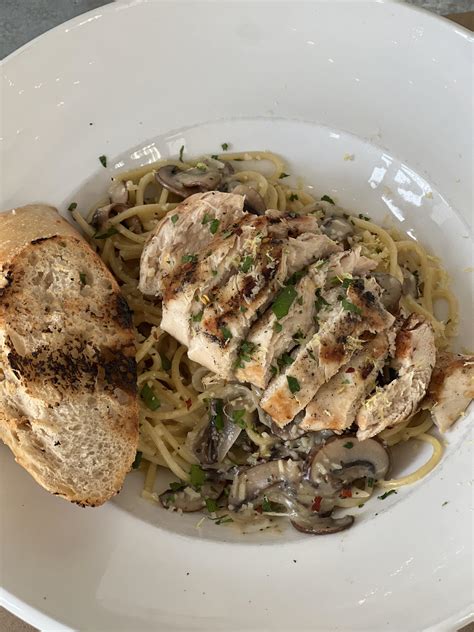 Grilled chicken pasta with caramelized shallots, crimini mushrooms and white wine herb cream ...