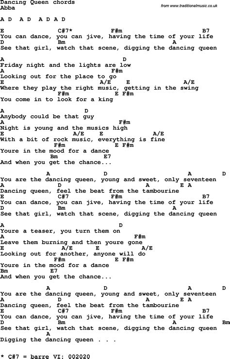 Song lyrics with guitar chords for Dancing Queen