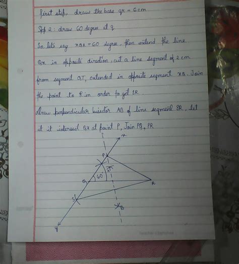 Consruct a triangle PQR, in which OR =6cm, angle Q=60° and PR -PQ =2CM ...