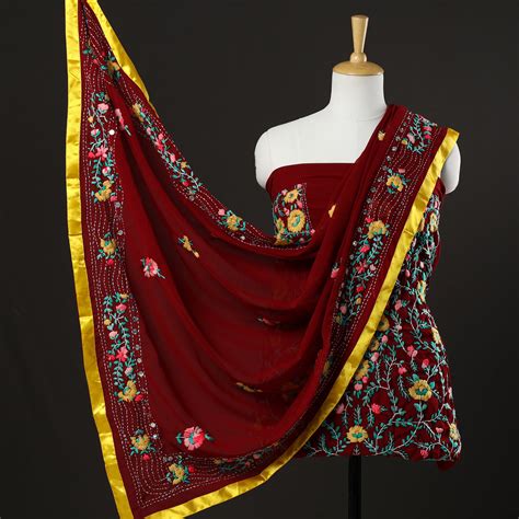 Buy 3pc Phulkari Embroidery Chapa Work Georgette Suit Material Set 01 ...