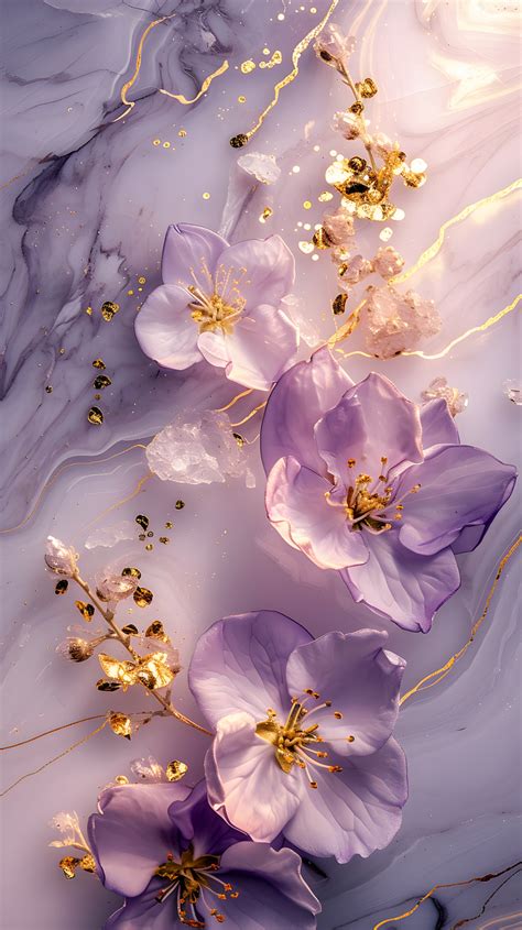 Gold Leaf And Delicate Flowers On Purple White And Gold Marble — Free ...