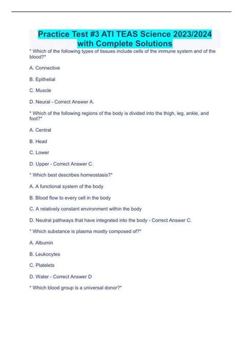 Practice Test #3 ATI TEAS Science 2023/2024 with Complete Solutions ...